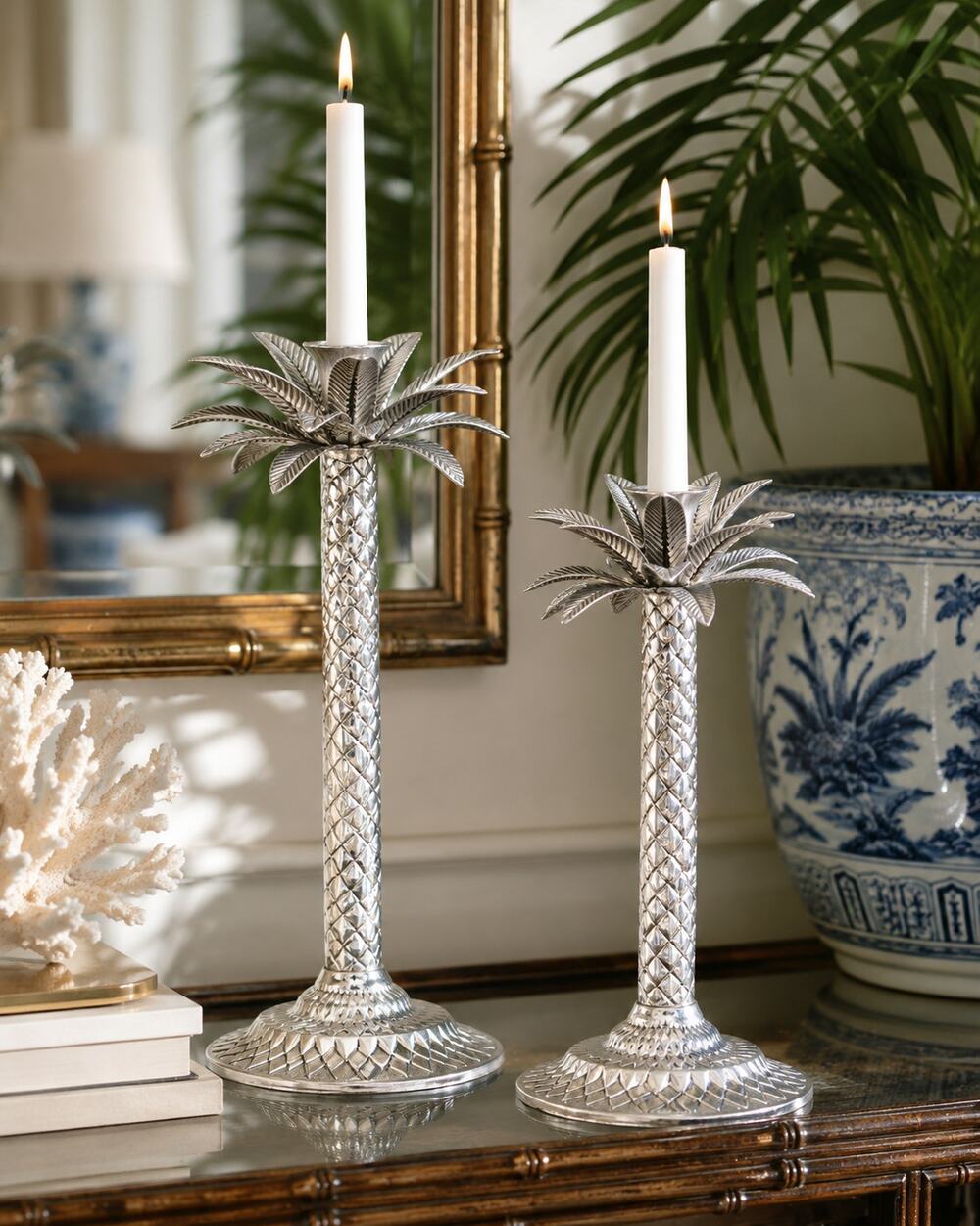 Vintage Silver Plate Palm Tree Candlesticks Pair Tropical Hollywood Regency